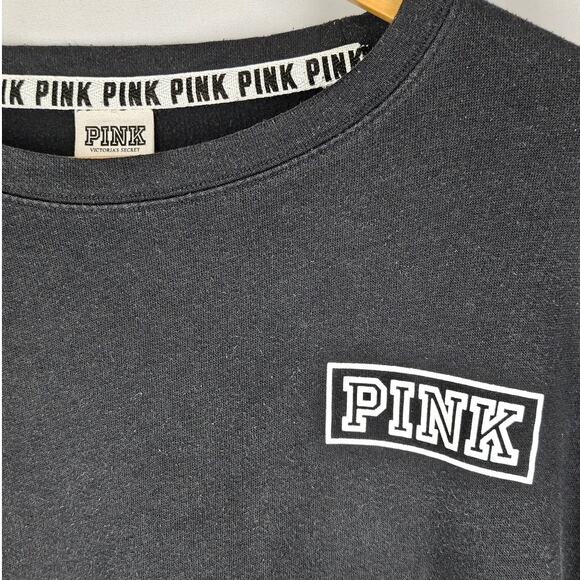 VS PINK VICTORIA'S SECRET BLACK PULLOVER SWEATSHIRT STRIPED SLEEVES SIZE MEDIUM - Picture 4 of 10